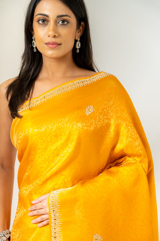 Shine Bright In Mango Gold Banarasi Silk Saree With Unstitched Blouse