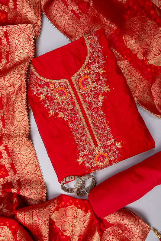 Red Bead, Cutdana, Dabka, Sequence, Zarkan & Threadwork Cotton Unstitched Salwar Suit With Cotton Dupatta