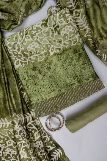 Pista Cutwork, Sequence & Threadwork Cotton Unstitched Salwar Suit With Cotton Dupatta