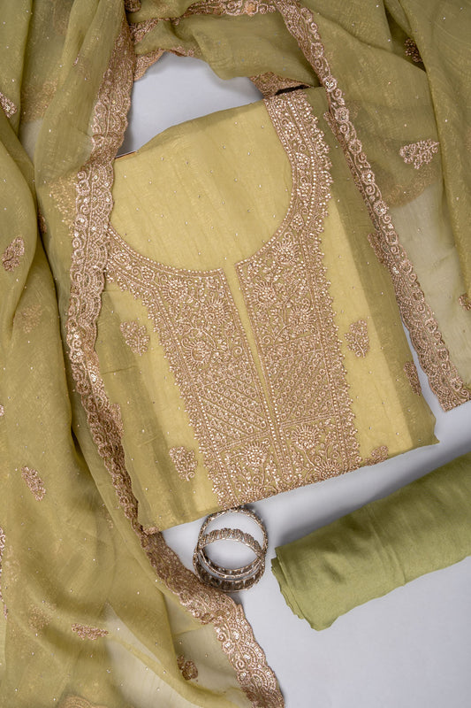 Pista Swarovski, Zarkan & Zari Threadwork Shimmer Unstitched Salwar Suit With Shimmer Dupatta