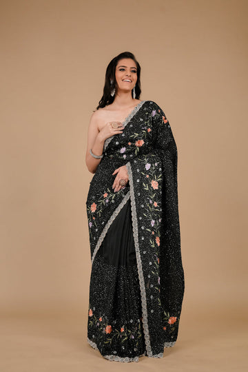 Black Sequence, Threadwork & Zarkan Organza Saree With Unstitched Blouse