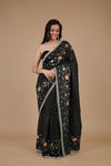 Black Sequence, Threadwork & Zarkan Organza Saree With Unstitched Blouse