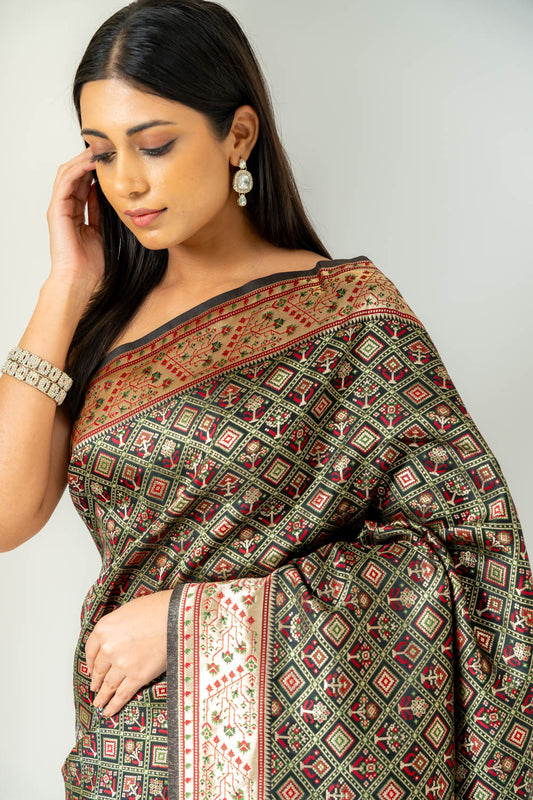 Bold Statement Black Banarasi Silk Saree With Unstitched Blouse
