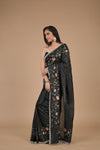 Black Sequence, Threadwork & Zarkan Organza Saree With Unstitched Blouse