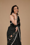 Black Sequence, Threadwork & Zarkan Organza Saree With Unstitched Blouse