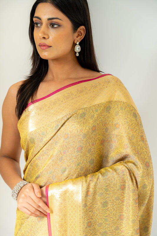 Shine Bright In Mango Gold Banarasi Silk Saree With Unstitched Blouse
