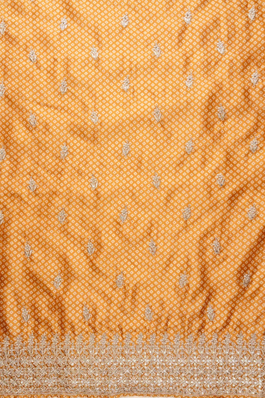 Mustard Sequence, Zarkan, Zari Threadwork & Bandhini printed Satin Unstitched Salwar Suit With Satin Dupatta