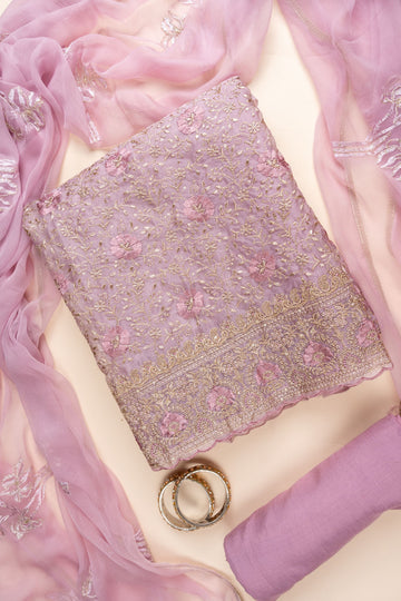 Mauve Sequence, Swarovski, Zarkan & Threadwork Organza Unstitched Salwar Suit With Chiffon Dupatta