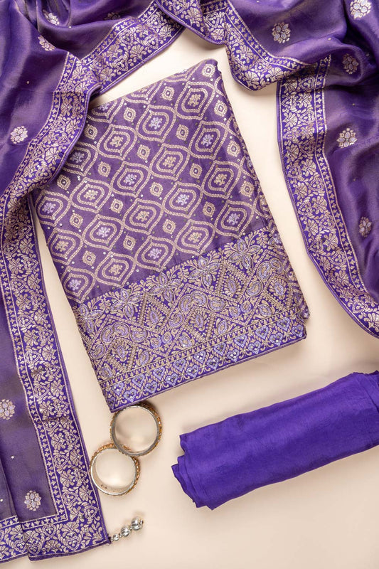 Purple Cutdana, Dabka, Sequence, Swarovski & Woven Zari Organza Unstitched Salwar Suit With Organza Dupatta