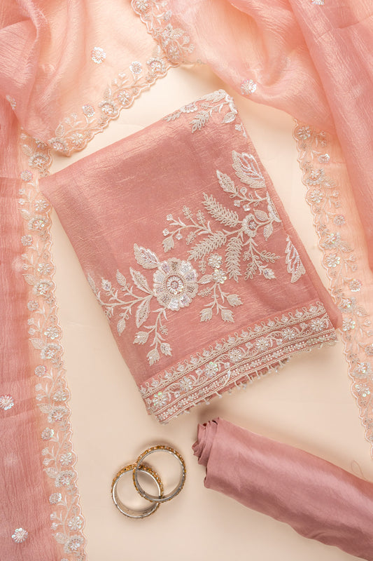 Peach Bead, Sequence & Zari Threadwork Organza Unstitched Salwar Suit With Organza Dupatta