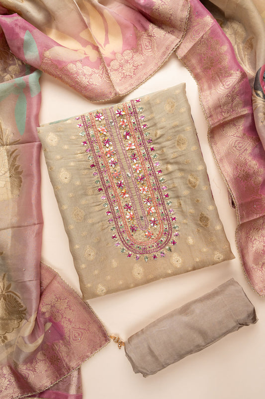 Dark Gajari Banarasi Woven Zari, Dabka, Gotta Patti, Sequence, Swarovski, Threadwork & Digital Printed Organza Unstitched Salwar Suit With Organza Dupatta