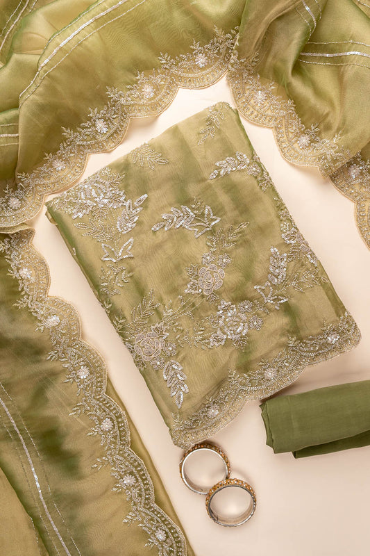 Pista Cutdana, Sequence, Swarovski, Zarkan & Zari Threadwork Organza Unstitched Salwar Suit With Organza Dupatta