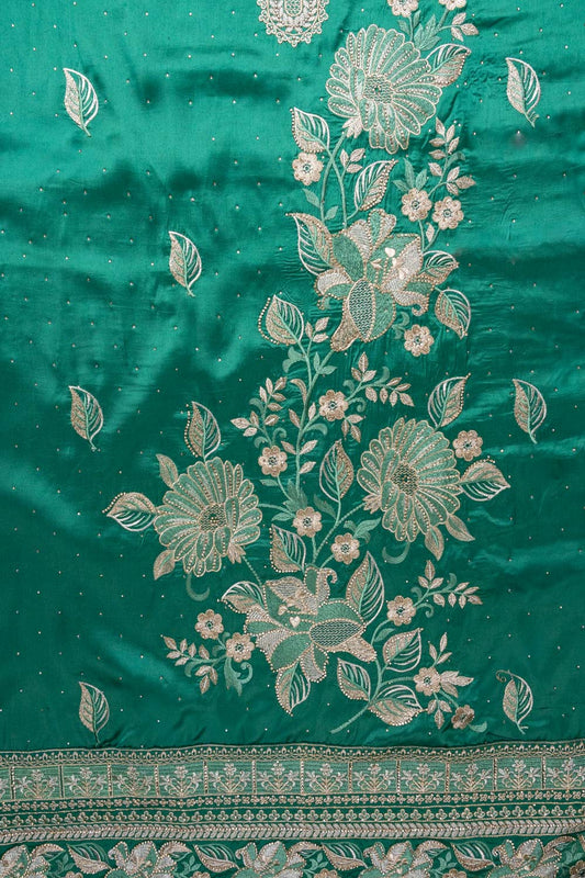 Bottle Green Sequence, Swarovski & Zari Threadwork Satin Unstitched Salwar Suit With Satin Dupatta