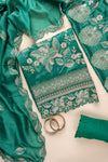Bottle Green Sequence, Swarovski & Zari Threadwork Satin Unstitched Salwar Suit With Satin Dupatta