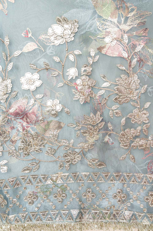 Grey Gotta Patti, Swarovski, Zari Threadwork & Digital Printed Organza Unstitched Salwar Suit With Organza Dupatta