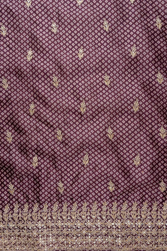 Garnet Sequence, Zarkan, Zari Threadwork & Bandhini printed Satin Unstitched Salwar Suit With Satin Dupatta