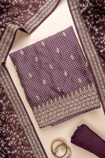 Garnet Sequence, Zarkan, Zari Threadwork & Bandhini printed Satin Unstitched Salwar Suit With Satin Dupatta