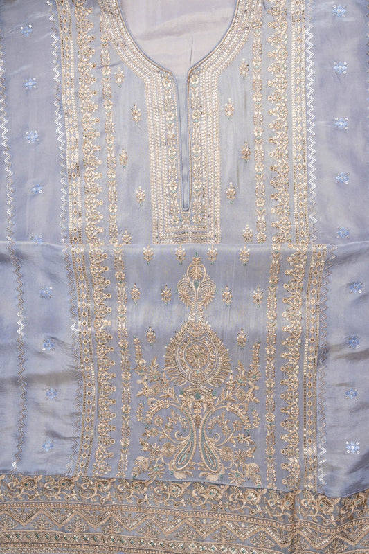 Grey Sequence & Zari Threadwork Organza Unstitched Salwar Suit With Chiffon Dupatta