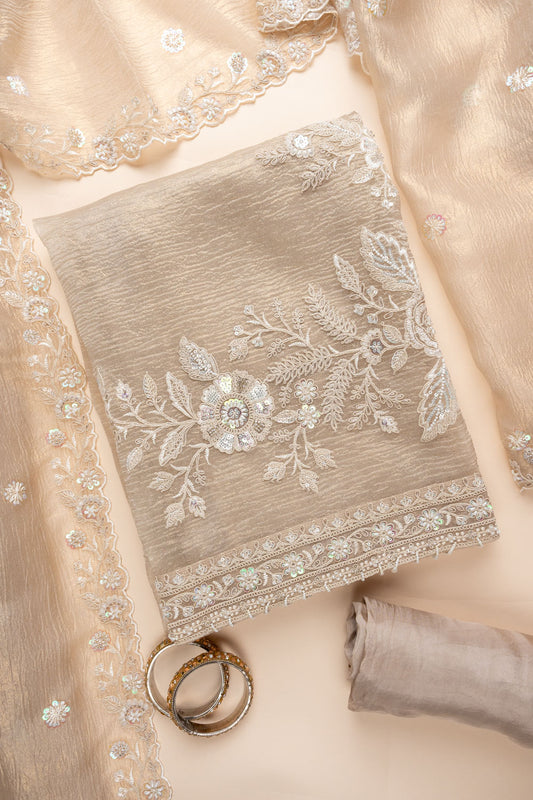 Tussar Bead, Sequence & Zari Threadwork Organza Unstitched Salwar Suit With Organza Dupatta