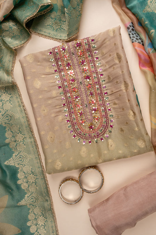 Tea Green Banarasi Woven Zari, Dabka, Gotta Patti, Sequence, Swarovski, Threadwork & Digital Printed Organza Unstitched Salwar Suit With Organza Dupatta