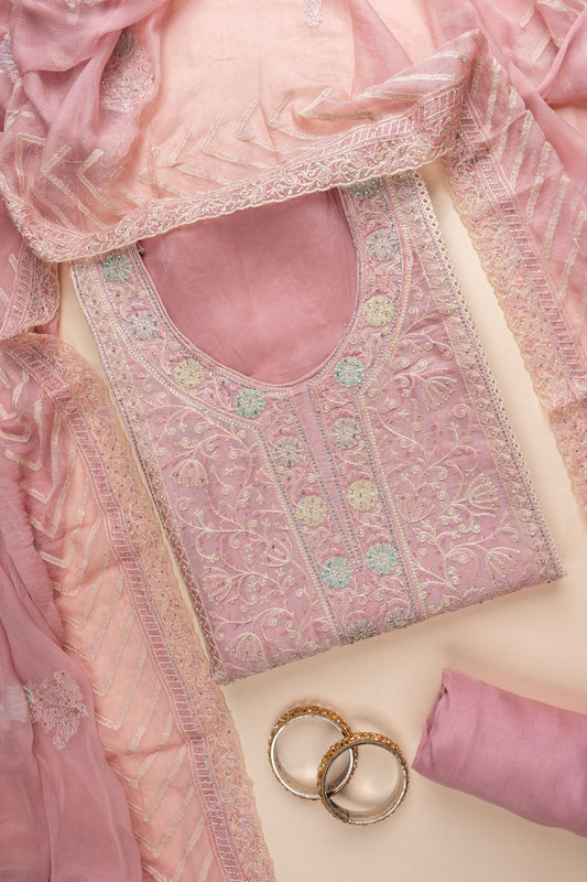 Gajari Swarovski, Zarkan & Threadwork Organza Unstitched Salwar Suit With Chiffon Dupatta