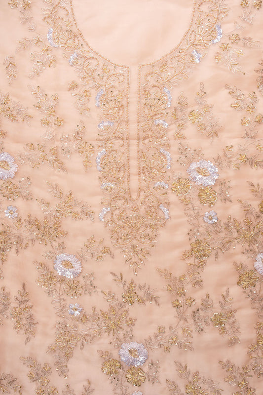 Peach Cutdana, Sequence, Swarovski, Zarkan & Zari Threadwork Organza Unstitched Salwar Suit With Organza Dupatta