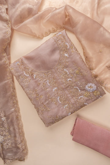 Peach Cutdana, Sequence, Swarovski, Zarkan & Zari Threadwork Organza Unstitched Salwar Suit With Organza Dupatta