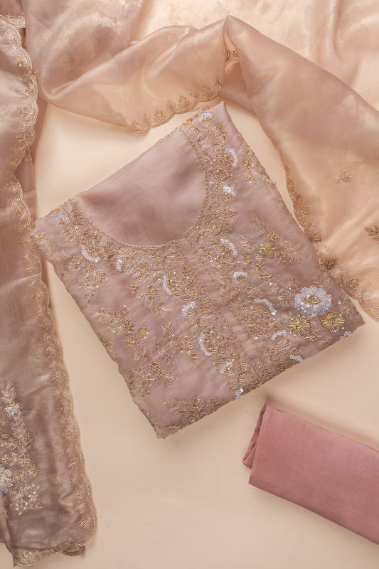 Peach Cutdana, Sequence, Swarovski, Zarkan & Zari Threadwork Organza Unstitched Salwar Suit With Organza Dupatta