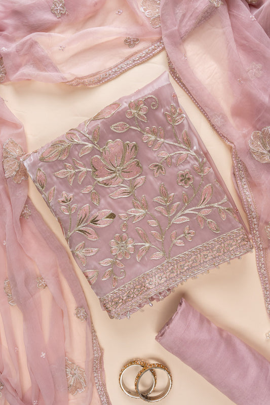 Onion Bead, Sequence & Zari Threadwork Organza Unstitched Salwar Suit With Chiffon Dupatta
