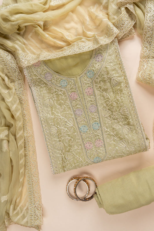 Pista Swarovski, Zarkan & Threadwork Organza Unstitched Salwar Suit With Chiffon Dupatta
