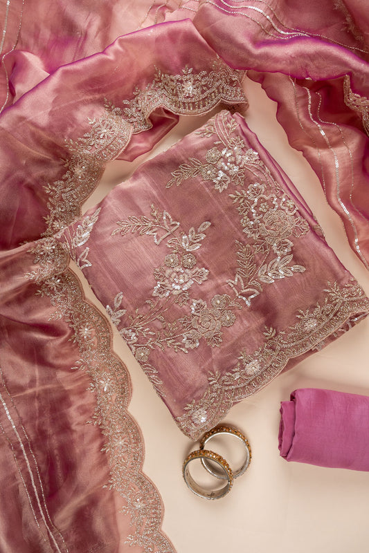 Dark Gajari Cutdana, Sequence, Swarovski, Zarkan & Zari Threadwork Organza Unstitched Salwar Suit With Organza Dupatta