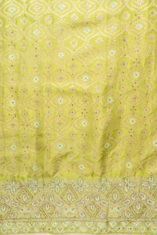 Pista Cutdana, Dabka, Sequence, Swarovski & Woven Zari Organza Unstitched Salwar Suit With Organza Dupatta