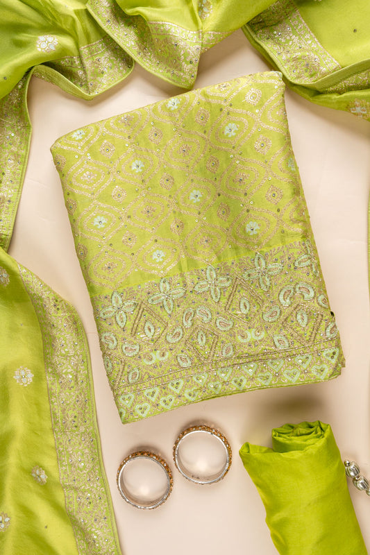 Pista Cutdana, Dabka, Sequence, Swarovski & Woven Zari Organza Unstitched Salwar Suit With Organza Dupatta