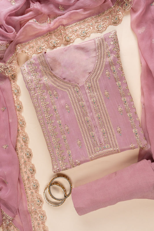 Gajari Sequence & Zari Threadwork Organza Unstitched Salwar Suit With Chiffon Dupatta