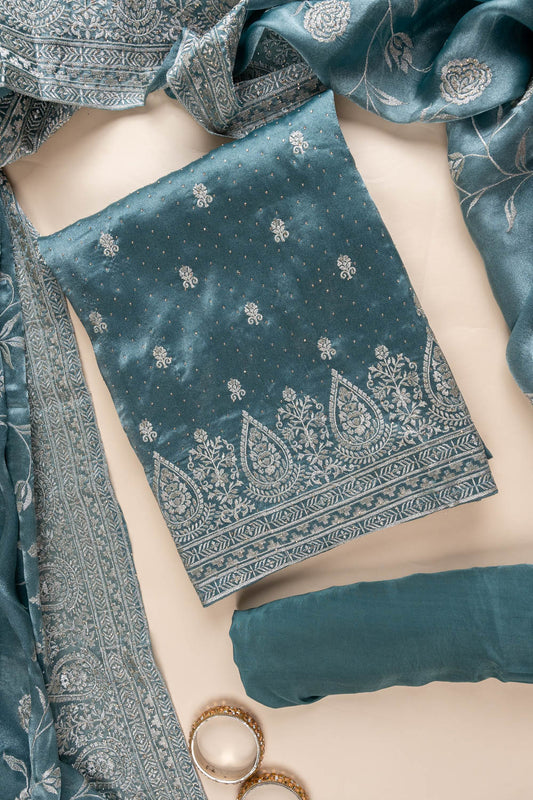 Grey Sequence, Swarovski & Zari Threadwork Organza Unstitched Salwar Suit With Organza Dupatta