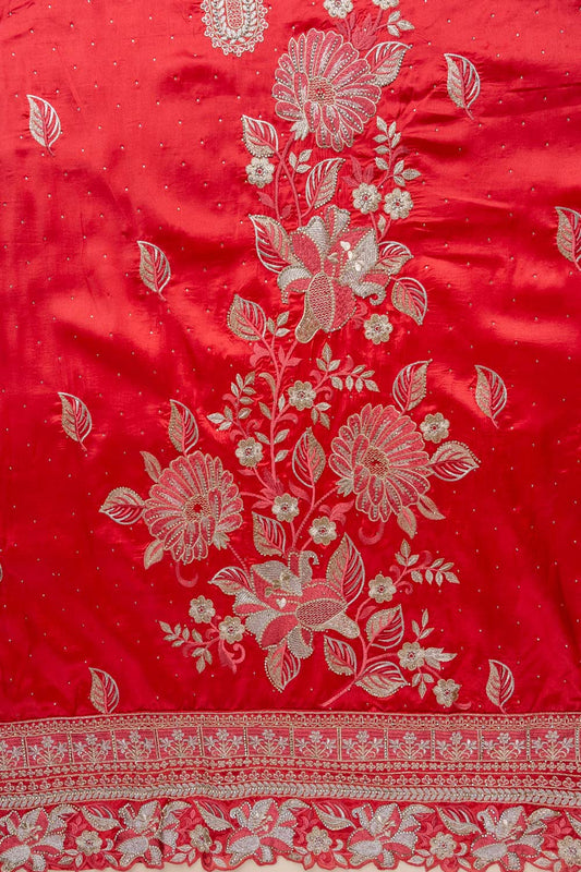 Maroon Sequence, Swarovski & Zari Threadwork Satin Unstitched Salwar Suit With Satin Dupatta