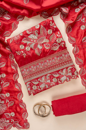 Maroon Sequence, Swarovski & Zari Threadwork Satin Unstitched Salwar Suit With Satin Dupatta