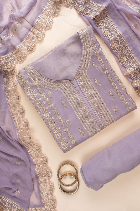 Mauve Sequence & Zari Threadwork Organza Unstitched Salwar Suit With Chiffon Dupatta
