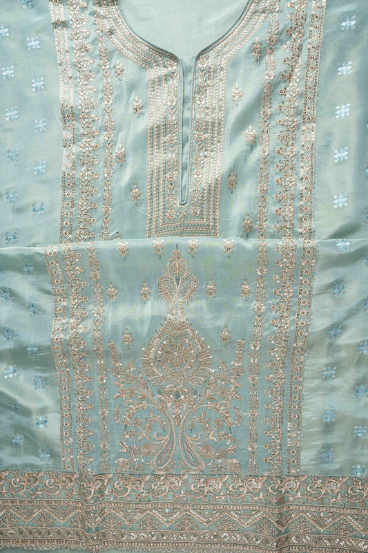 Tea Green Sequence & Zari Threadwork Organza Unstitched Salwar Suit With Chiffon Dupatta