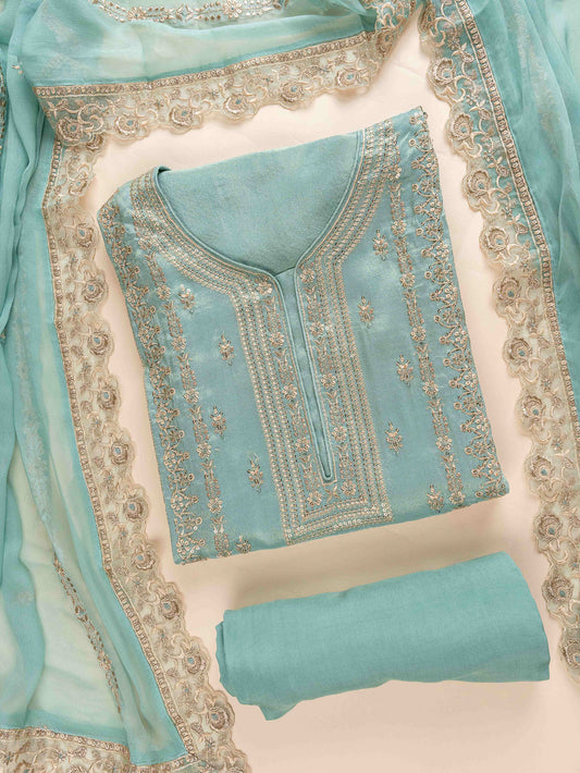 Tea Green Sequence & Zari Threadwork Organza Unstitched Salwar Suit With Chiffon Dupatta