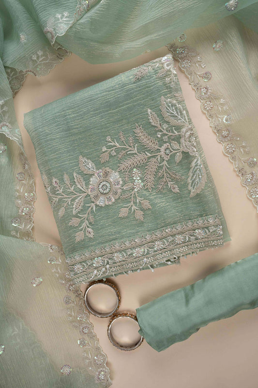 Tea Green Bead, Sequence & Zari Threadwork Organza Unstitched Salwar Suit With Organza Dupatta