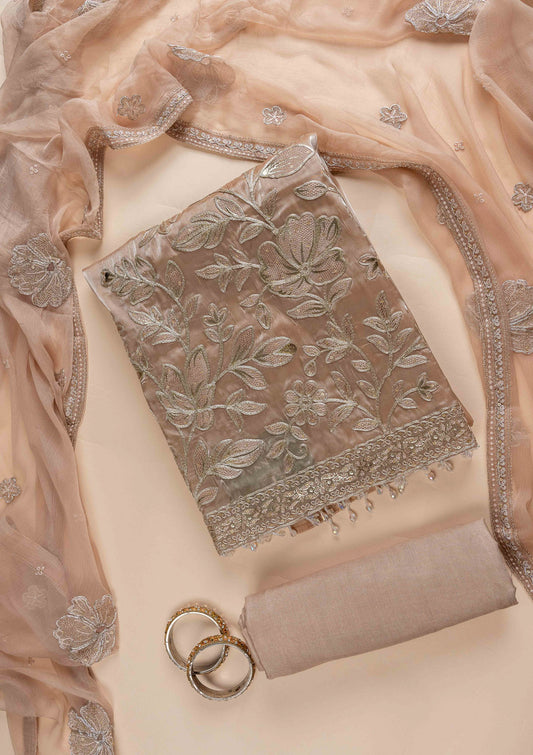 Tussar Bead, Sequence & Zari Threadwork Organza Unstitched Salwar Suit With Chiffon Dupatta