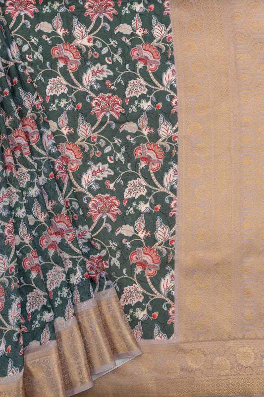 Mint Green Sequence, Zari Threadwork & Floral Printed Dola Saree With Unstitched Blouse