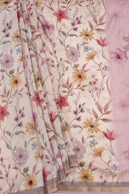 Tussar Sequence, Zari Threadwork & Floral Printed Dola Saree With Unstitched Blouse