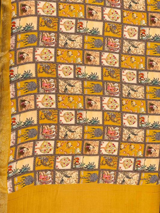 Mustard Banarasi Woven Zari, Sequence & Digital Printed Dola Saree With Unstitched Blouse