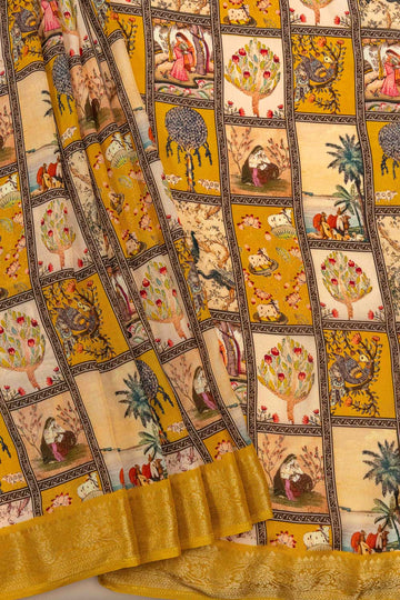 Mustard Banarasi Woven Zari, Sequence & Digital Printed Dola Saree With Unstitched Blouse