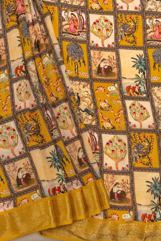 Mustard Banarasi Woven Zari, Sequence & Digital Printed Dola Saree With Unstitched Blouse