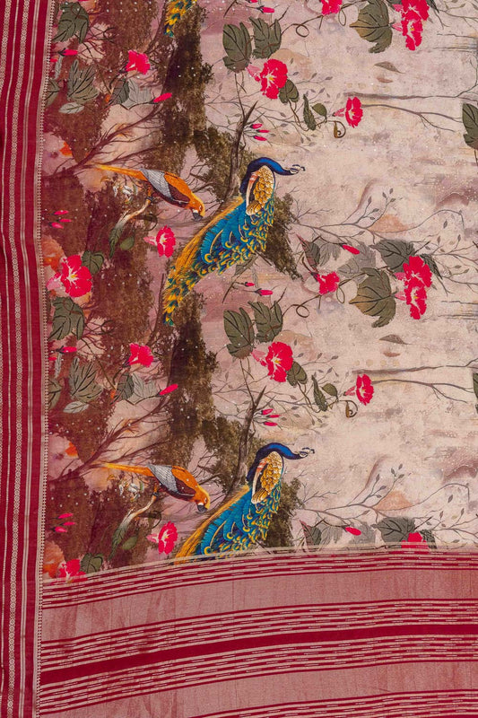 Tussar Sequence, Woven Zari & Digital Printed Muslin Saree With Unstitched Blouse