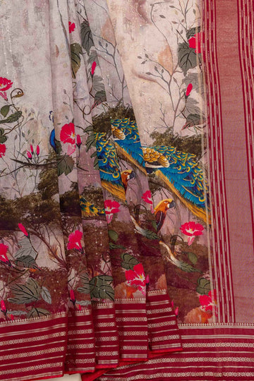 Tussar Sequence, Woven Zari & Digital Printed Muslin Saree With Unstitched Blouse