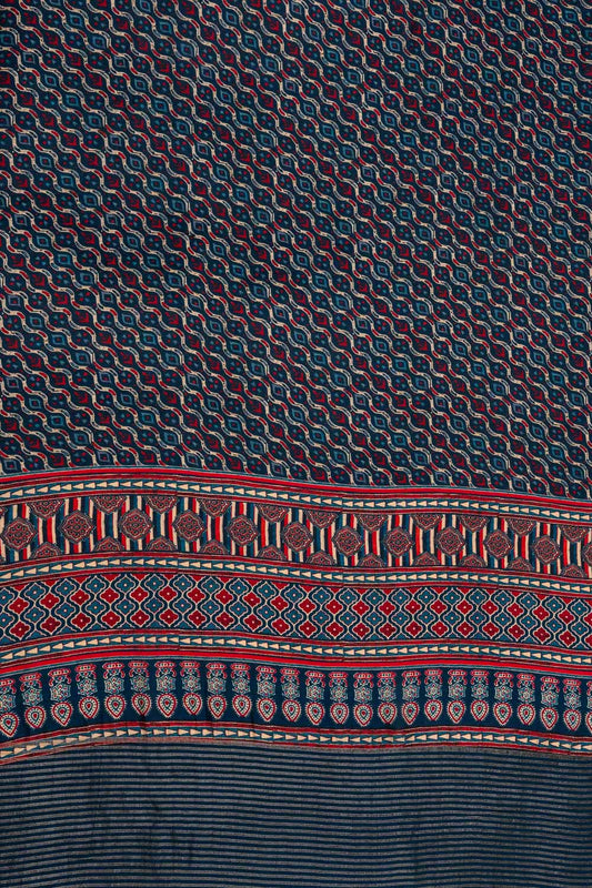 Midnight Blue Woven Zari & Digital Printed Dola Saree With Unstitched Blouse